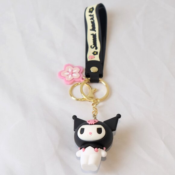 New Sanrio Kuromi PVC Figure Keychain Bag Charm Gothic Kawaii Black & Pink - Picture 1 of 4